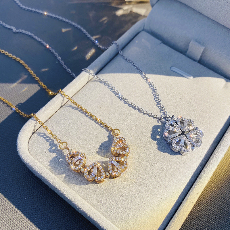 Magnetic Folding Heart Clover Necklace