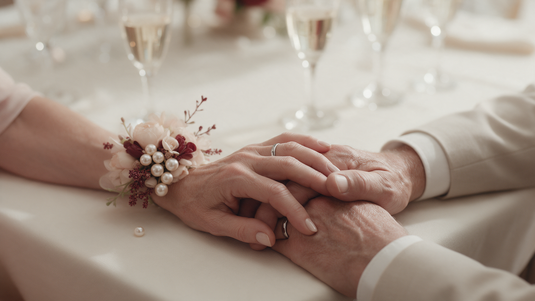 An older couple holding hands with matching rings at an anniversary table