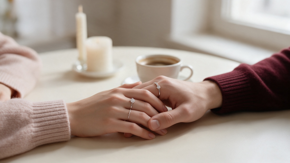 A couple holding hands with matching silver rings over coffee