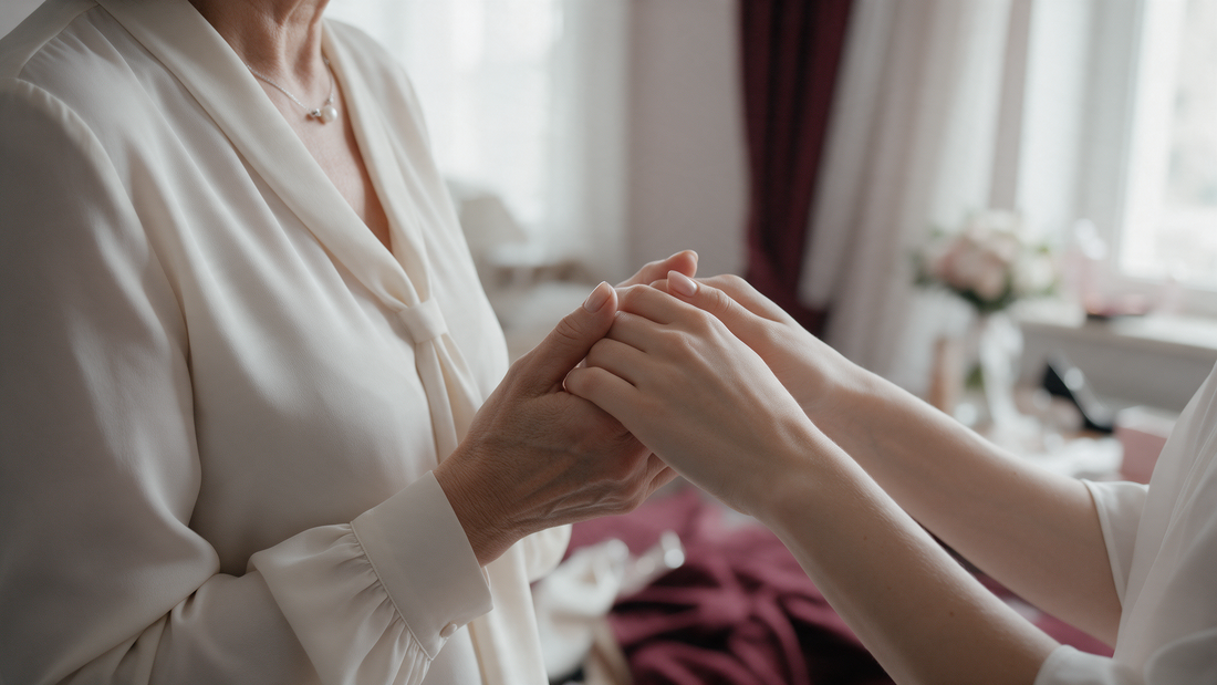 A mother and daughter holding hands on the wedding morning