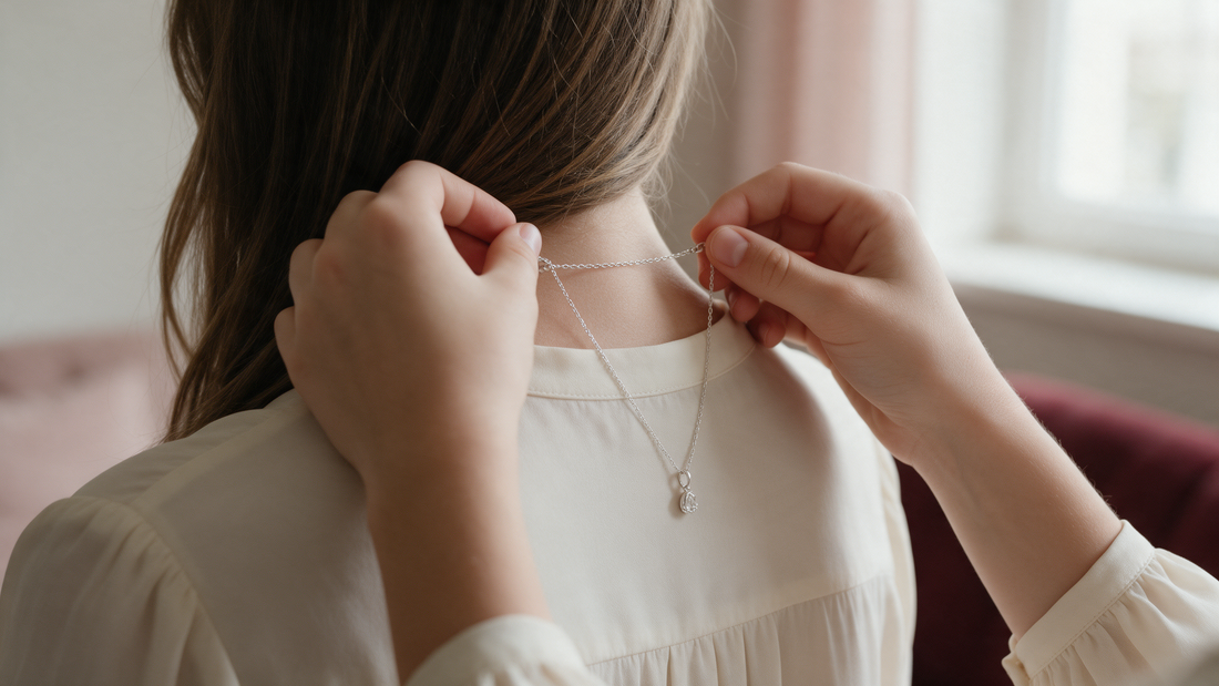 A daughter fastening a silver necklace on her mother