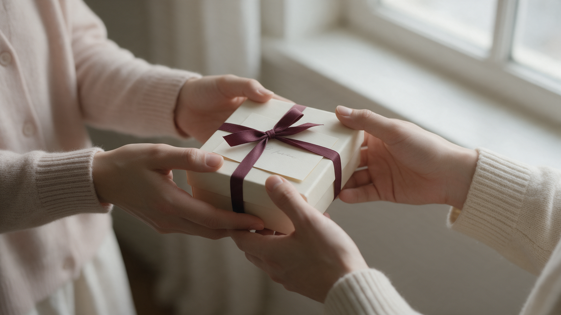 Passing a gift box tied with a burgundy ribbon