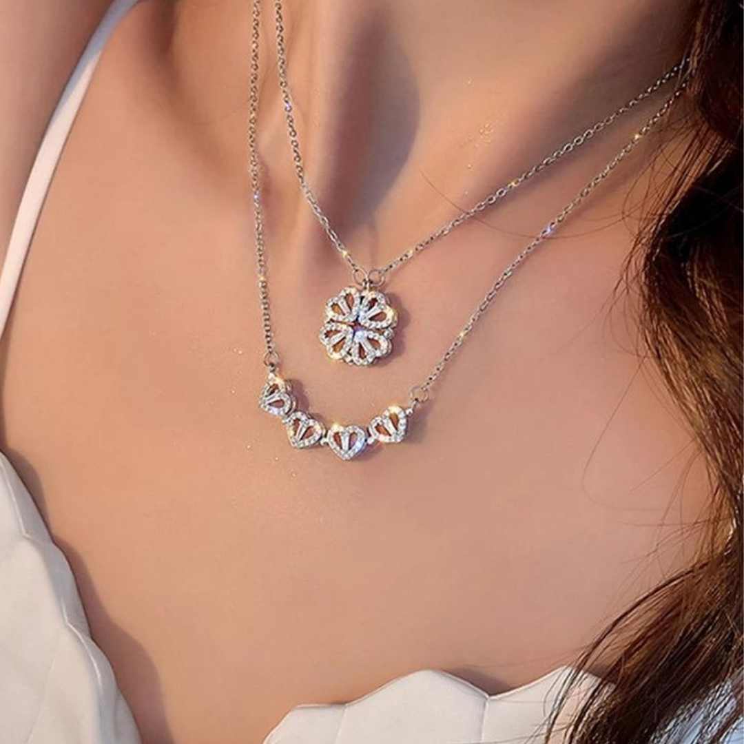 Retro Magnetic Folding Heart Shaped Four Leaf Clover Pendant Necklace Women  Love Clavicle Chain Gifts Openable Choker Jewelry