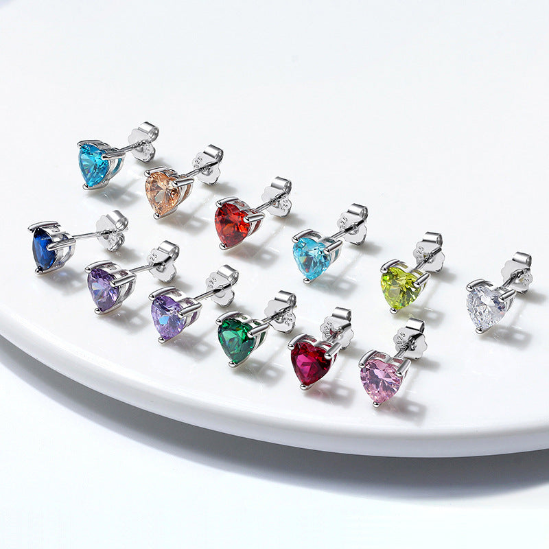 Heart birthstone stud earrings with zircon stones