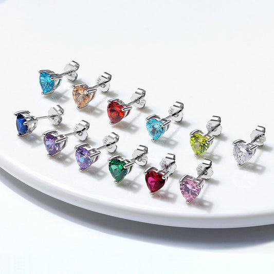 Heart birthstone stud earrings with zircon stones