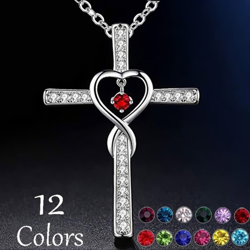 Cross, infinity and heart pendant with birthstone crystal