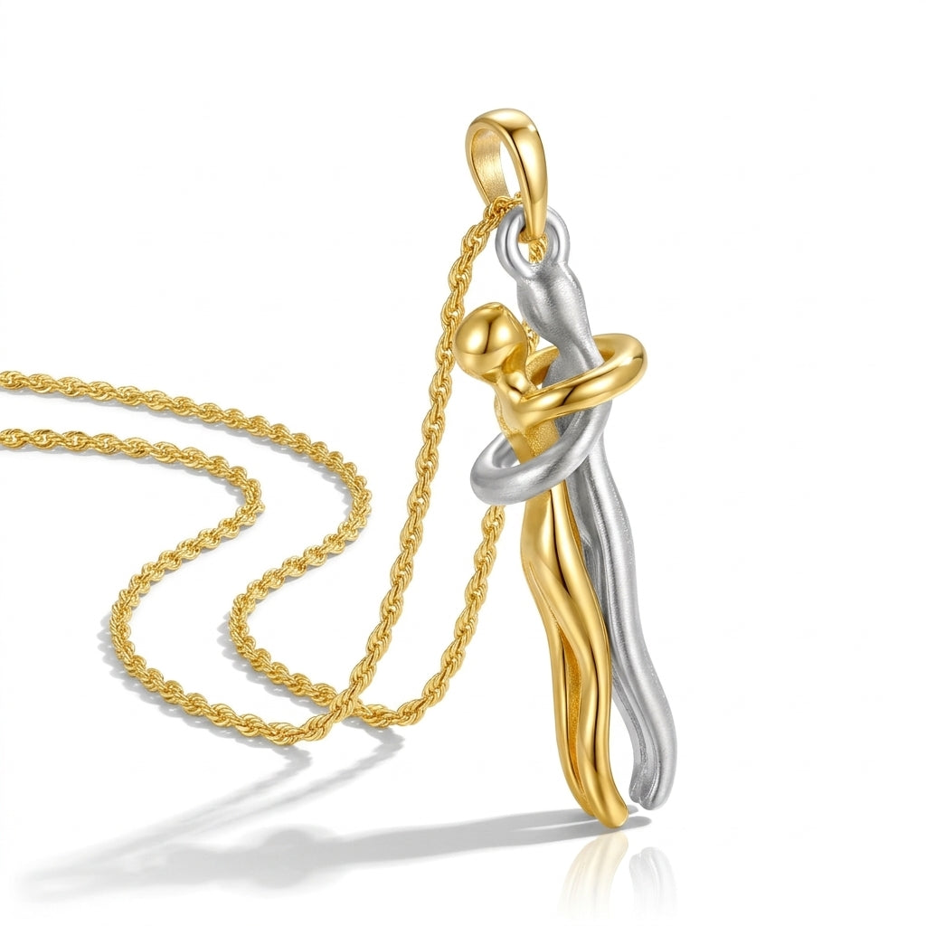 Hugging couple necklace pendant with a soft shadow background