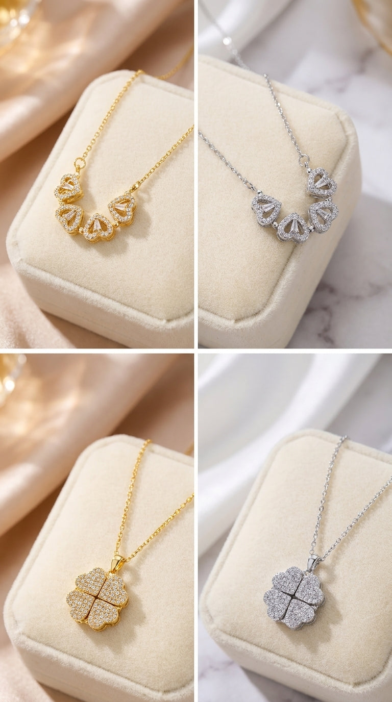 Four-panel collage showing two necklace styles displayed on cream jewelry boxes: a gold-tone crescent pendant with clear stones and a gold-tone four-leaf clover pendant with clear stones, plus matching silver-tone versions, set against soft draped fabric and marble backgrounds.