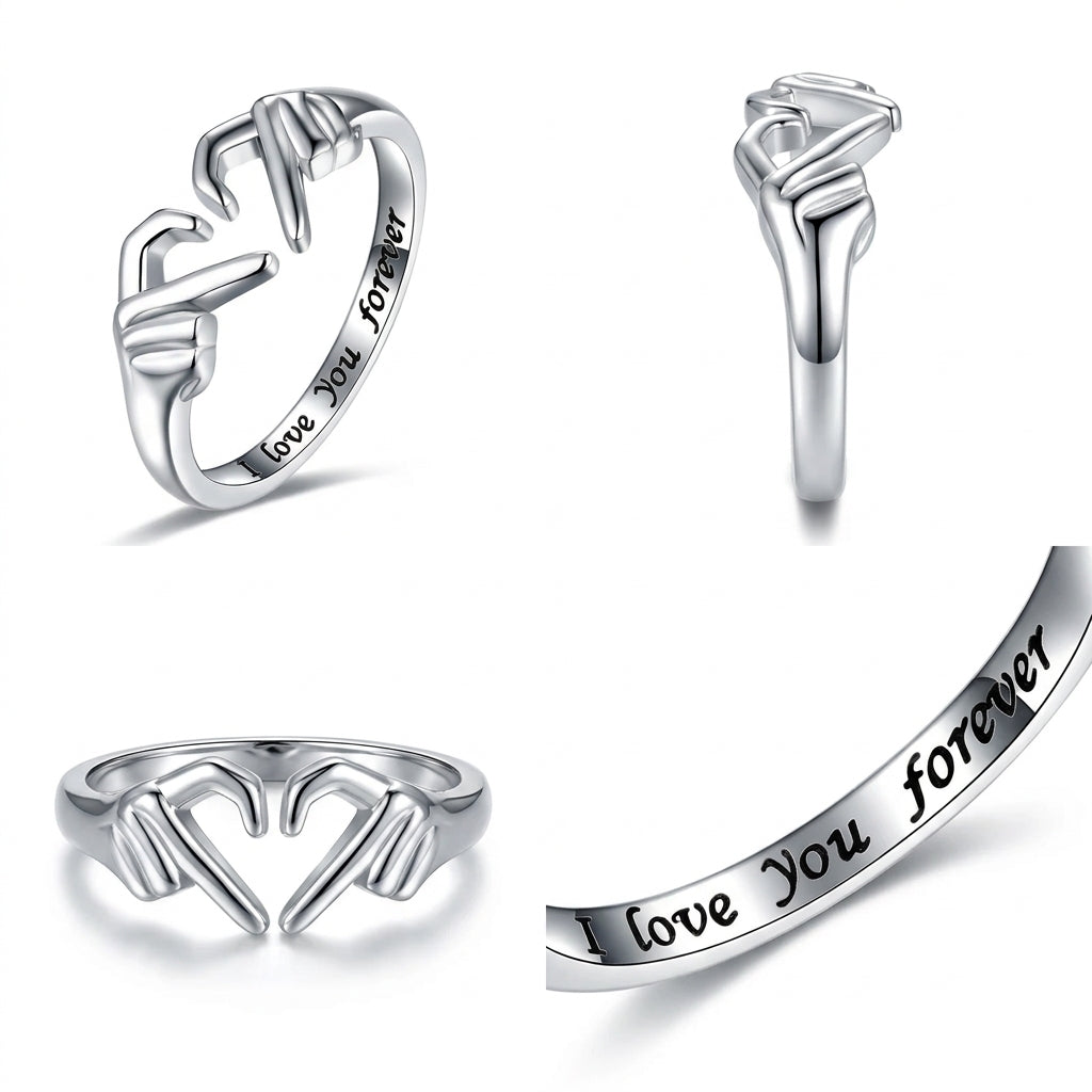 Finger heart Claddagh ring shown from several angles