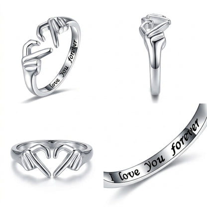 Finger heart Claddagh ring shown from several angles