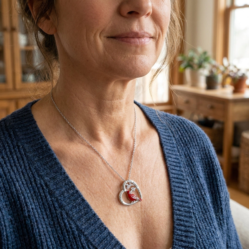 Model wearing the cardinal heart necklace with a red cardinal on a heart pendant