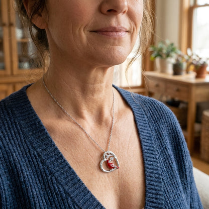 Model wearing the cardinal heart necklace with a red cardinal on a heart pendant