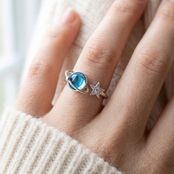 Revolving Planet adjustable ring worn on the ring finger: blue glass planet bead with a silver orbit ring and a small silver star on one open band (styled lifestyle photo)