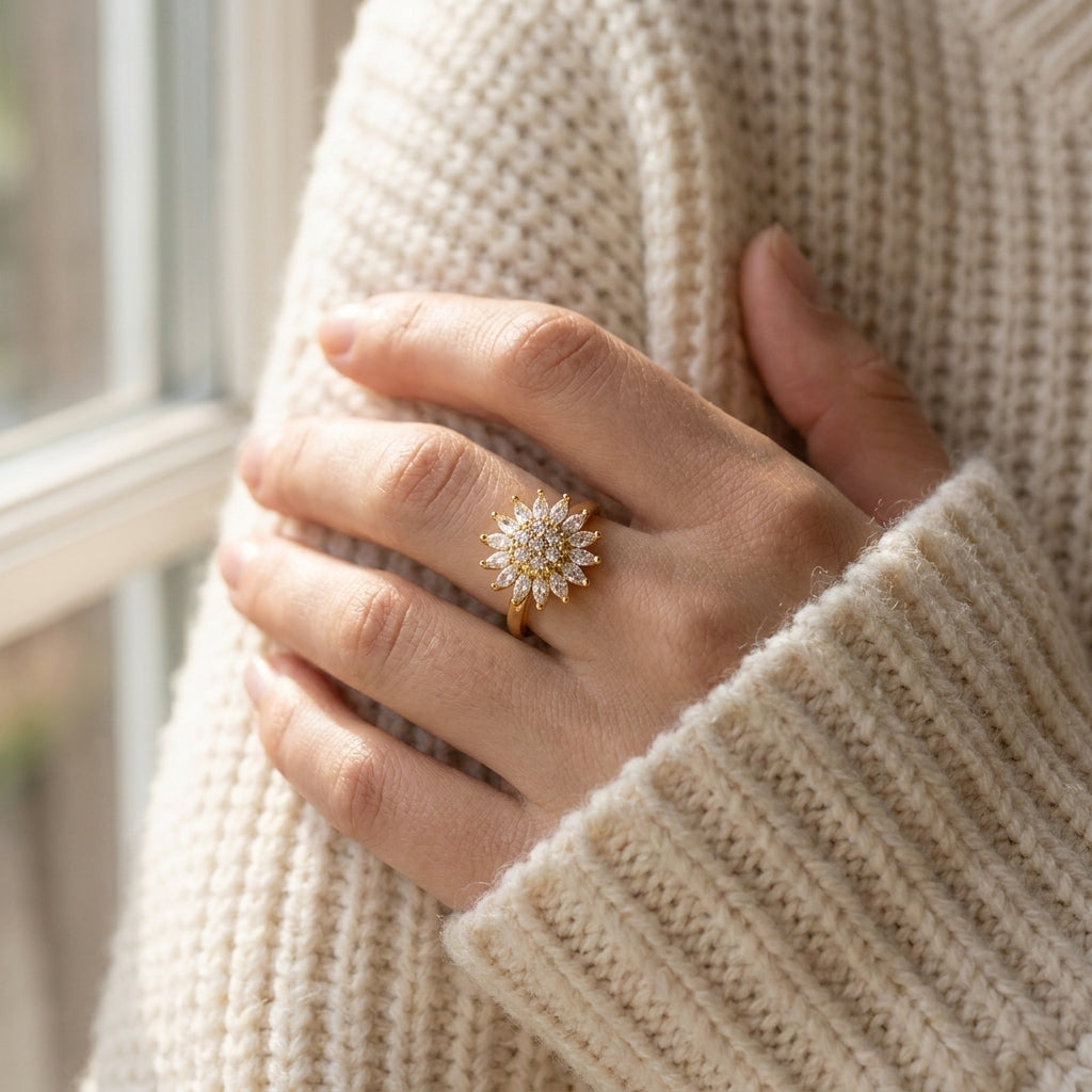 Gold sunburst spinner ring with sparkling stones worn on a woman's ring finger